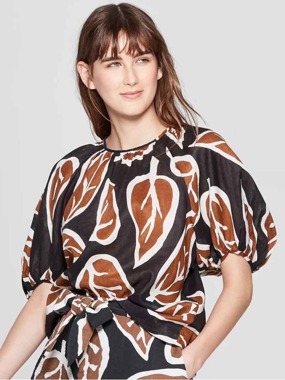 Who What Wear Black Top with Brown & White Leaf Print cotton linen puff sleeve M